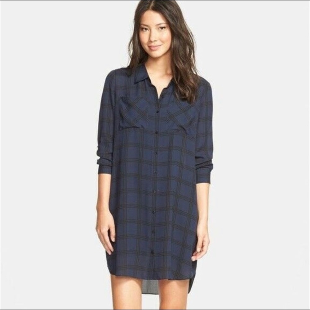 Eileen Fisher Navy Blue Plaid Shirt Dress